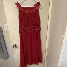 Red Sheath Dress Sleeveless Midi Boat Neck Ruched Waist Chiffon Women