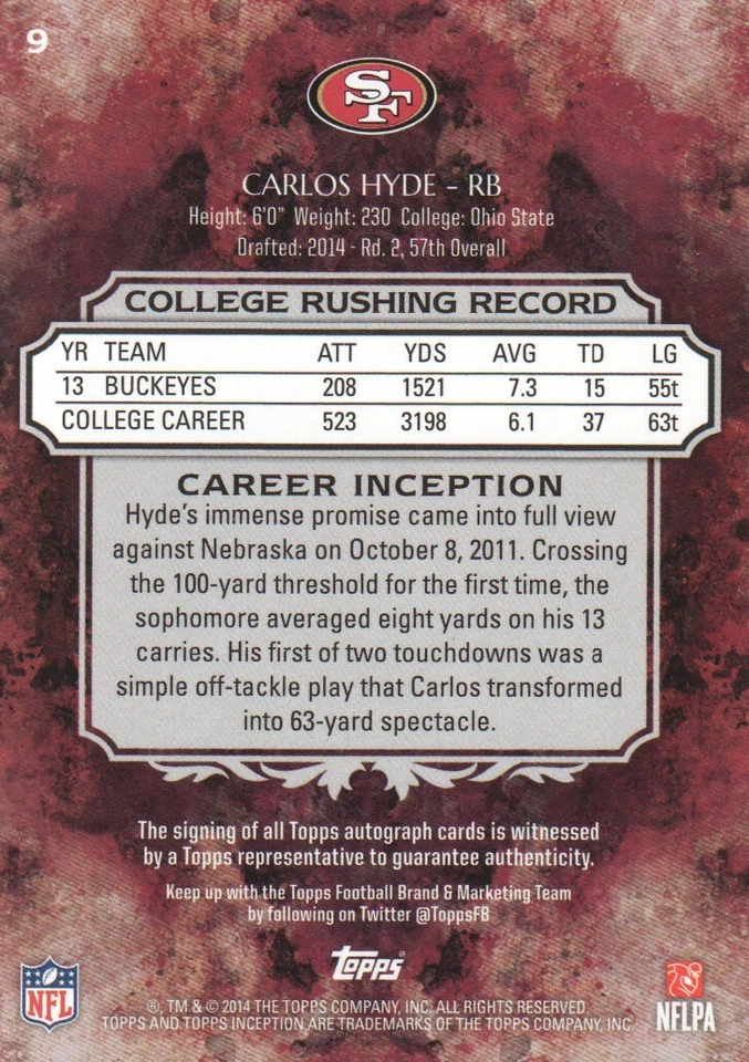 B3229- 2014 Topps Inception #9R Carlos Hyde RC Auto - NM-MT (ROOKIE) - Image 2 of 2