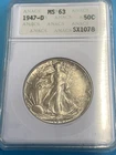 1947 D Walking Liberty Silver Half Dollar ANACS MS 63 Old Soap Box Holder