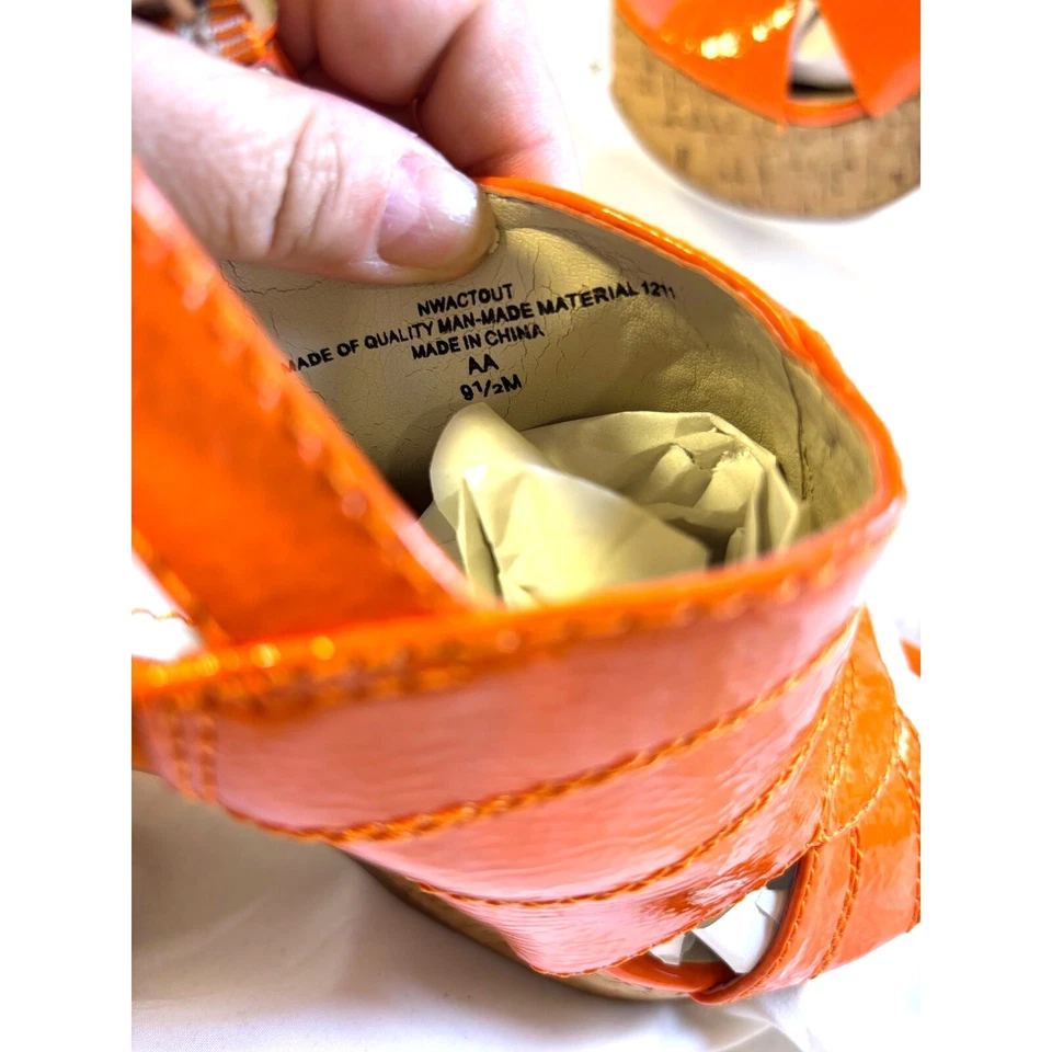 De colección Nine West Danube Naranja Patente Peep Toe Paja Cuña Tacones Cordones Talla 9.5M Foto 3 de 4