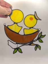 Vintage Handcrafter Suncatcher Stained Glass Two Yellow Bird Brown Nest Tree