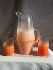 VTG MCM Orange/Peach Blendo Set, Pitcher And 6 Glasses, Only 2 Glasses Shown.
