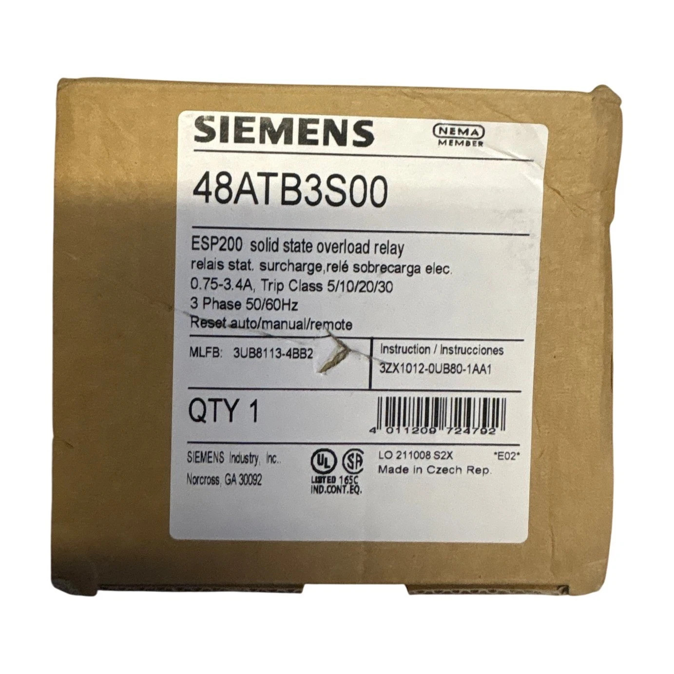 Siemens 48ATB3S00 ESP200 0.75-3.4A 3Ph Solid State Overload Relay 3UB8113-4BB2