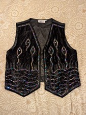 New Look Womens Vintage Waistcoat M-L Black Velvet Beaded Sequin Hippy Boho 90s