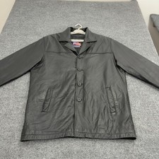 U.S.A. Leather Jacket Mens L Black Genuine Leather Button Front Coat Classic
