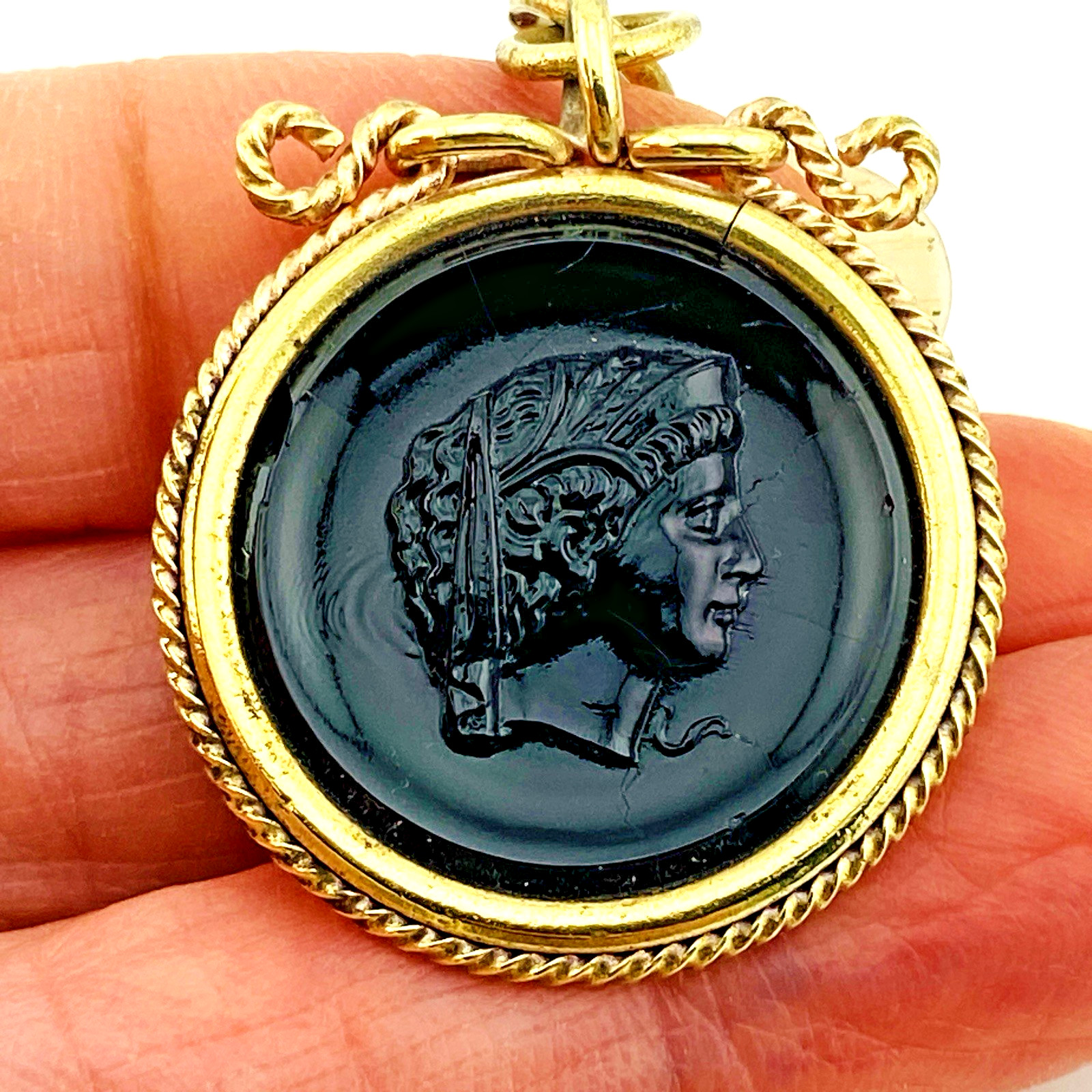 Ed Glass Paste Cameo Fob Pendant French Jet Gold Filled