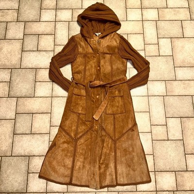 Vtg 1970s Suede Patchwork Hooded Boho Jacket Festival Knit Sleeves Belted Small