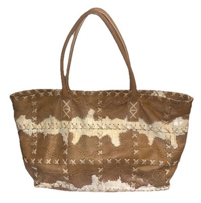 Vintage Berge Tooled Leather Patch  X Laced Unique Tote Bag In Beige/ Ivory