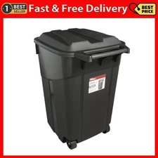 45 Gallon Wheeled Heavy Duty Garbage Can, Attached Lid, Black