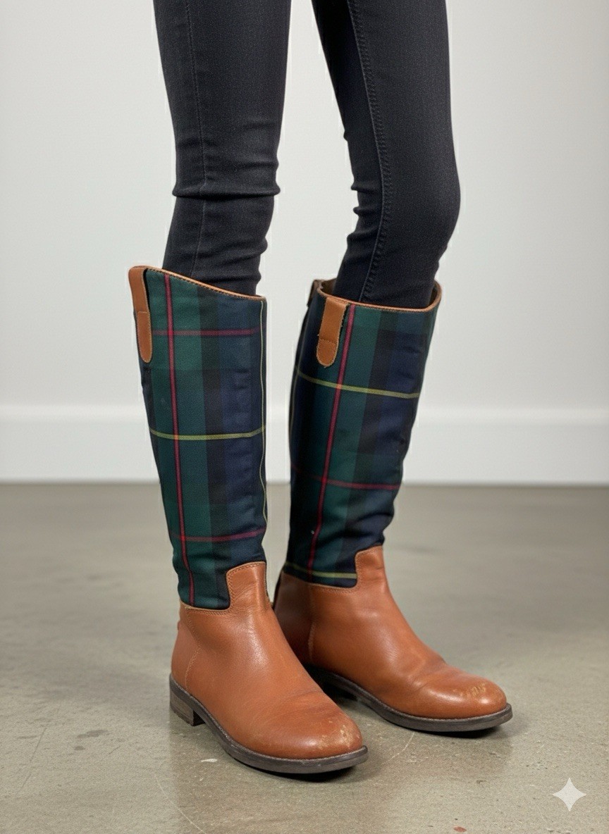 RALPH LAUREN women’s Riding Boots Style  Featuring A Plaid Canvas Upper In Green