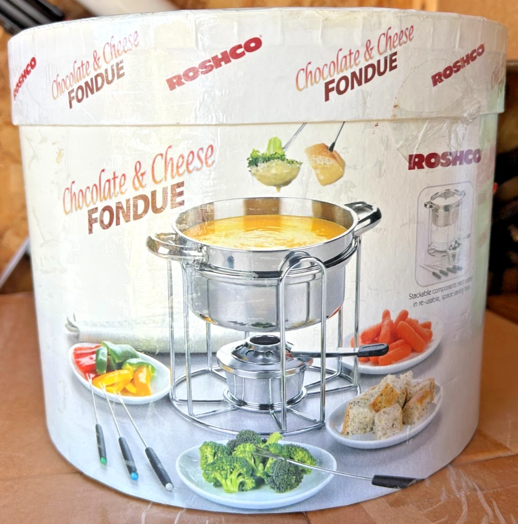 Vintage Roshco Chocolate/Cheese Fondue 12 pc Set Stainless Steel FREE SHIPPING