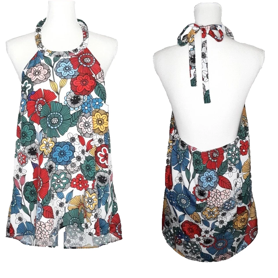 ModCloth Retro Floral Print Tie Back Lined Halter Top Size L New Without Tags