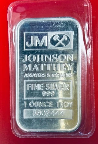 JM Johnson Matthey 1 T oz 999+ Fine Silver Bar Factory Sealed in Assay #B802444