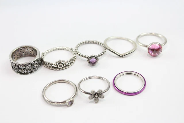8 Pandora Sterling Silver Rings Wishbone Tiara Birthstone Enamel Floral x 8 23g