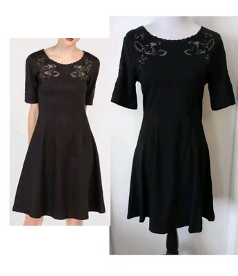 LEO & UGO Parisian Dress Size M Black Fit & Flare Floral Embroidered Cutout 
