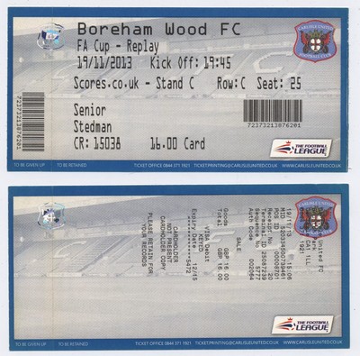 2013 Carlisle United v Boreham Holz FA Cup Wiederholung unbenutztes Ticket + Quittung C23