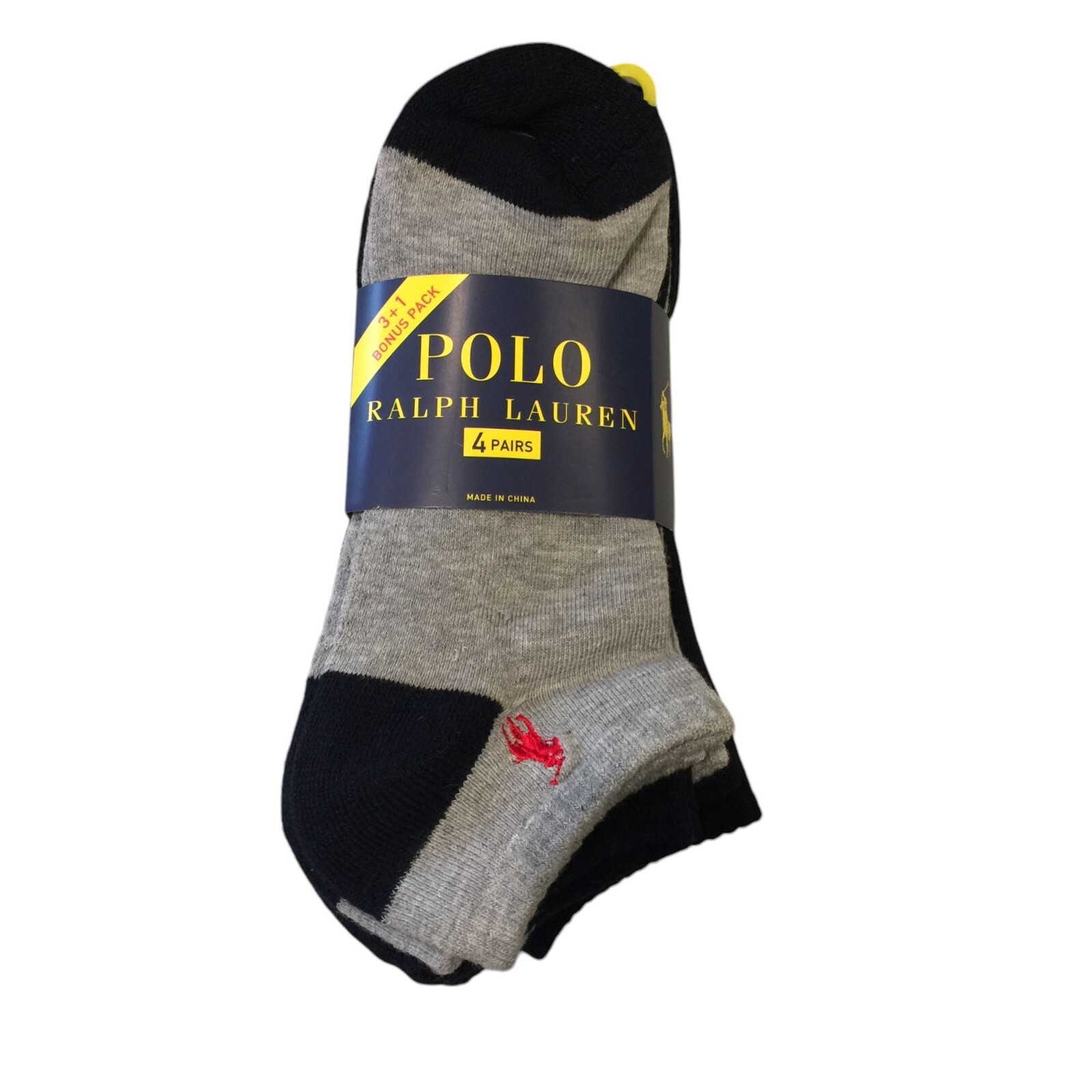 POLO Ralph Lauren Calzini Uomo Taglio Basso Set di 4 Grigio Nero Rosso Pony