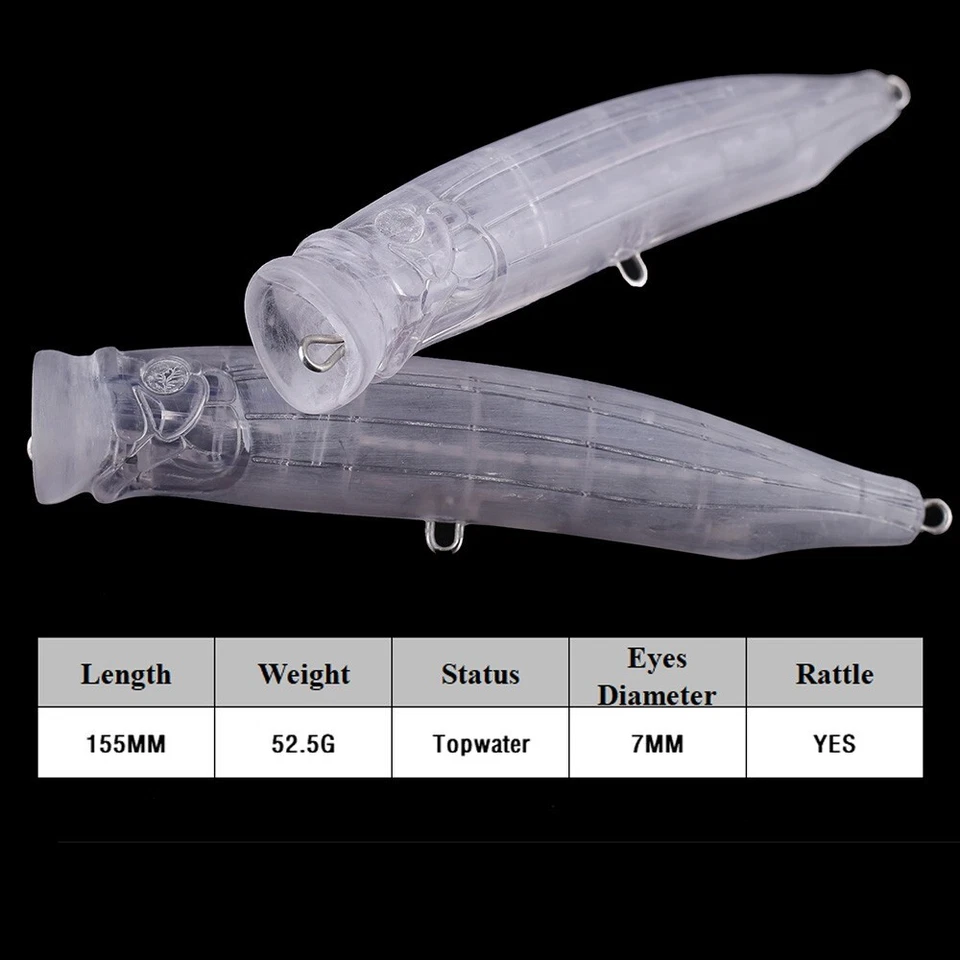 5PCS 15.5cm 52.5g Topwater Rattle Popper Unpainted Bait Blank Fishing Lure model - Image 2 of 4