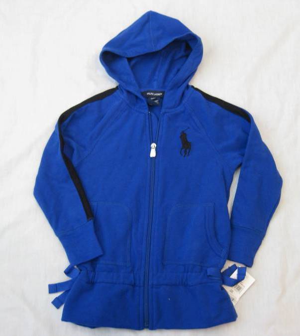 Felpa con cappuccio RALPH LAUREN bambina 6 blu royal big pony vita bassa zip intera nuova senza etichette