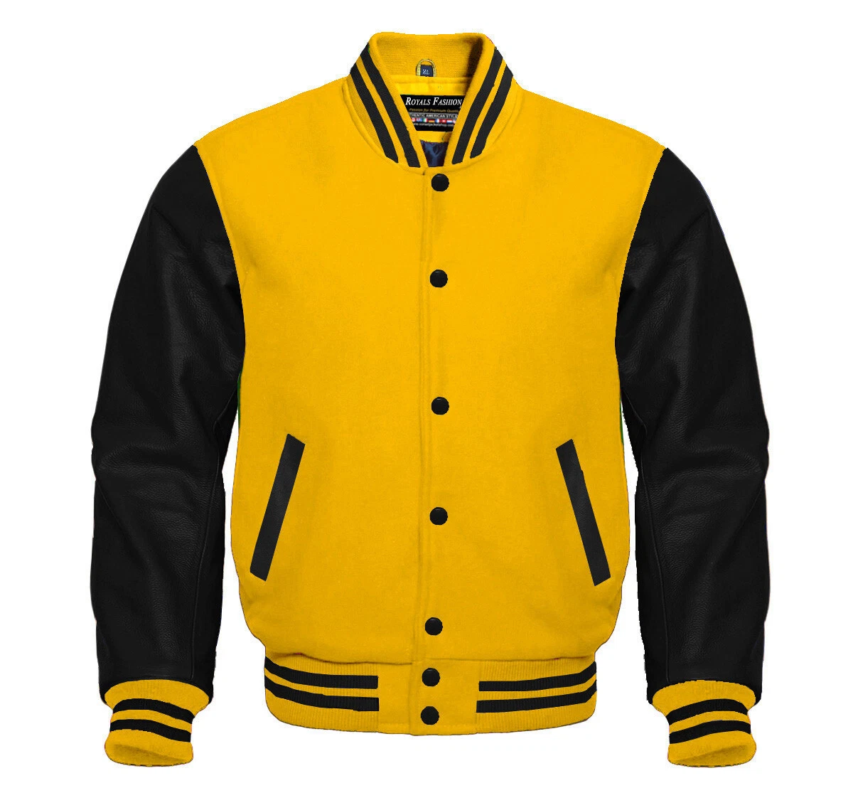Mens Letterman Basketball Varsity Yellow Wool Black Leather Sleeves Jacket