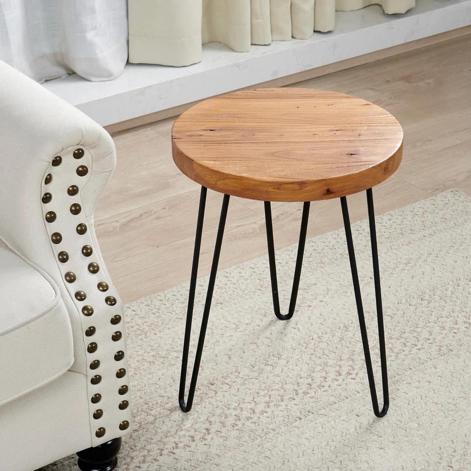 GREENAGE Rustic Old Elm Wood Round End Table Nightstand Sofa Side Table 20.5" H - Image 3 of 4