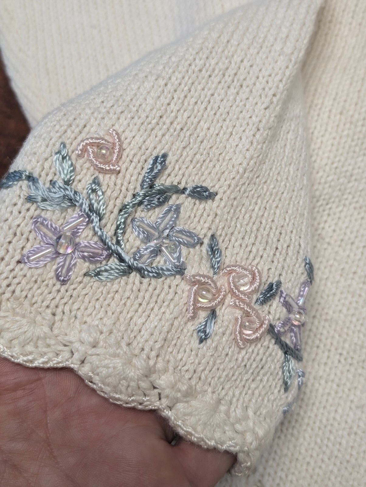 VTG 90s Carolyn Taylor Floral Embroidered Crochet Lace Trim Cardigan Sweater Med image 4