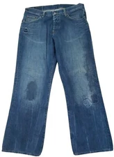 Lucky Brand ~Men's 36"×30"~ Blue Denim Slim Bootleg Dungarees Jeans Distressed.