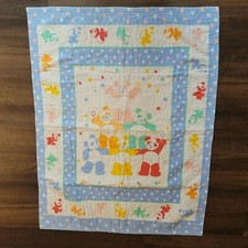 Vintage 80s Baby Quilt Blanket Comforter Panda Bear Star Polka Dot Primary Color