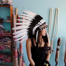 Warbonnet Feather Headdress White Turkey Chief Indian Party Carnival Headpiece