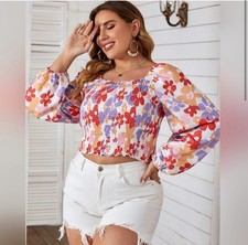 Shein Curvy Size 1X Purple Pink Floral Smocked Crop Top NWOT Long Sleeve Blouse