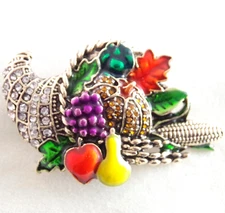 2.25" NAPIER INSPIRED CRYSTAL CORNUCOPIA HORN OF PLENTY THANKSGIVING FALL BROOCH