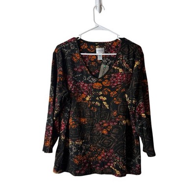Chicos Brown Floral Patterned V-neck 3/4 Sleeve Blouse Size XL 3 NWT