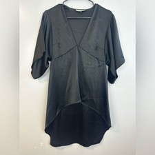 Halston Heritage Black Satin Hi-Low Kimono Sleeve V-neck Top/Blouse Size Small