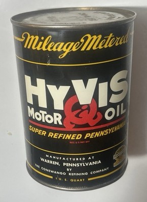 1940 s  BEAUTIFUL HYVIS OIL 1 QUART  SOLDER SEAM MOTOR OIL CAN EMPTY.