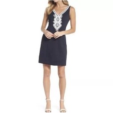 Eliza J Special Occasion V Neck Sleeveless Navy Sheath Dress 14 Petite