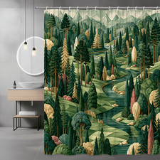 Forest Landscape Shower Curtain, Green Pine Tree River Print