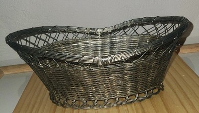 Vintage French Woven Silver Plate Wire Bread Basket Oval 10'' x 7'' Mid Century