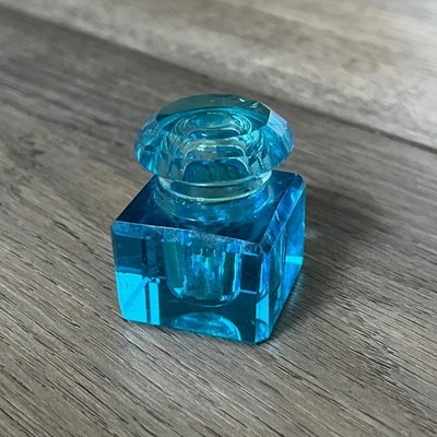 Vintage Electric Blue Faceted Cut Glass Crystal Inkwell Square Base w/ Lid
