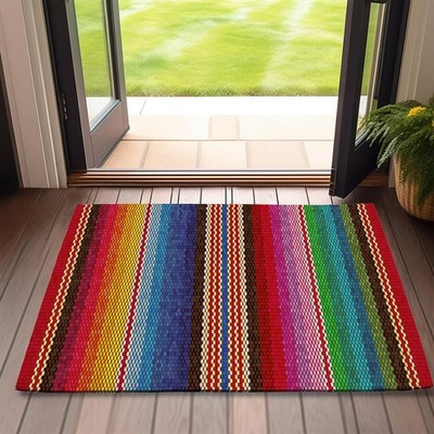 Front Door Mat,Indoor Outdoor Entrance Ethnic Stripes Rainbow Welcome Mexican