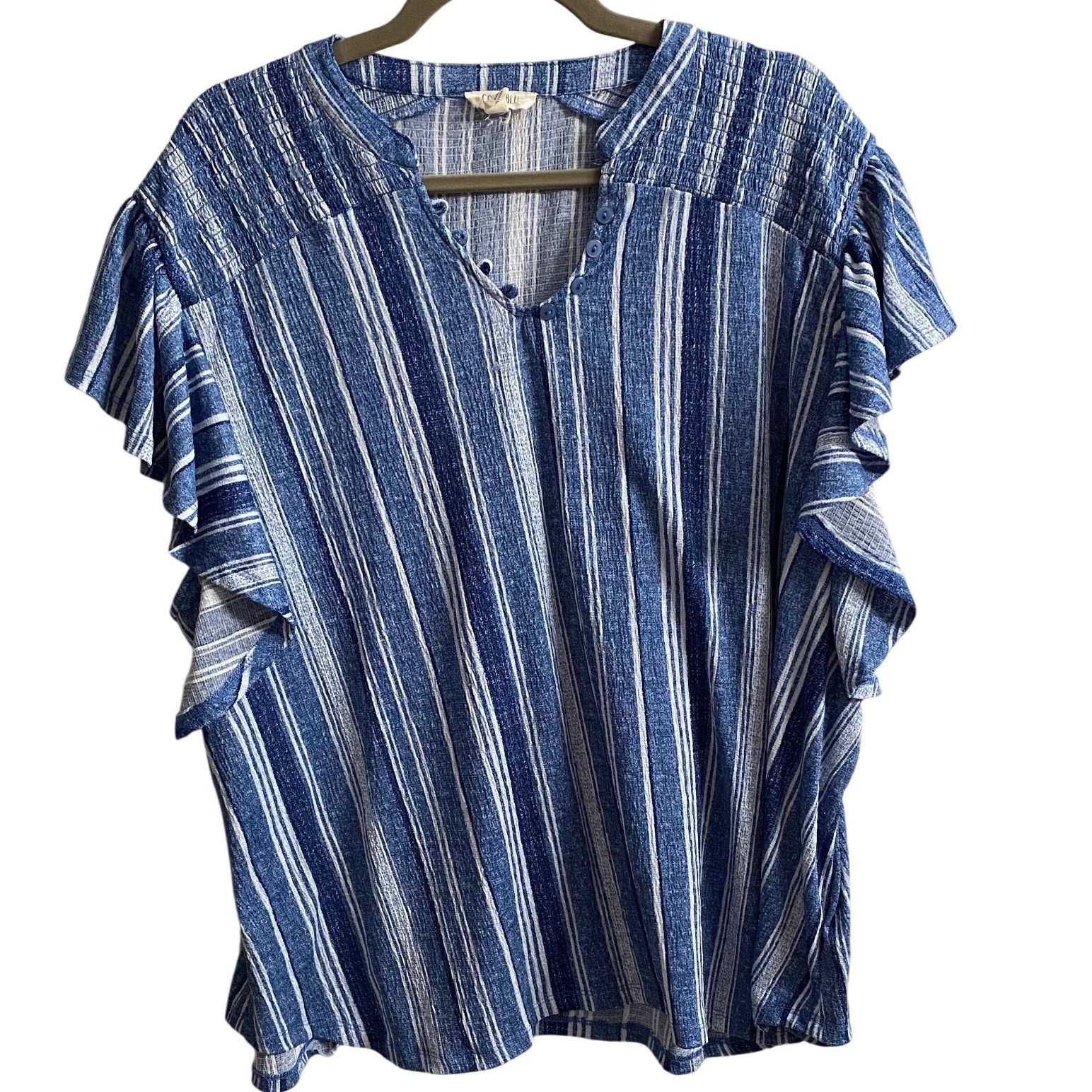 Como Blu Women 3X Blue White Striped Flutter Sleeve V-Neck Top Boho CS14835BCW