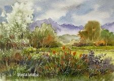 Pamela Wilhelm original 6”x8” Watercolor Country Road Wild Flower Mountain Vista