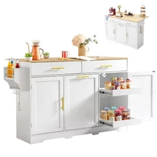 60" Kitchen Island with Drop Leaf and Power Outlet, Mobile Rolling Bar Cart