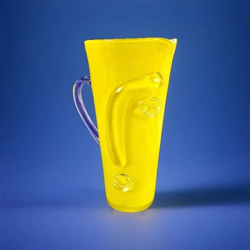 RARE VTG Murano Art Glass Picasso Face Pitcher Yellow Cased Studio Vase 12”