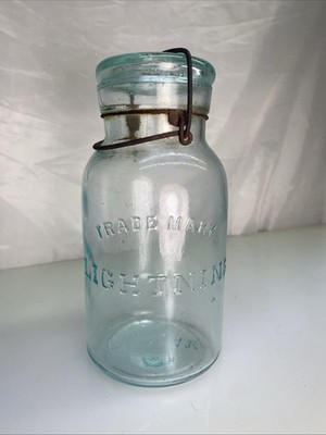 Antique Trademark Lightning Putnam 741 Aqua Glass Quart Jar Scarce