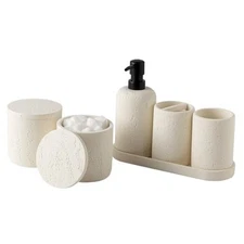 Bathroom Accessories Set, Travertine Stone-Look, 6 PCS Bathroom Off White 6 Pcs