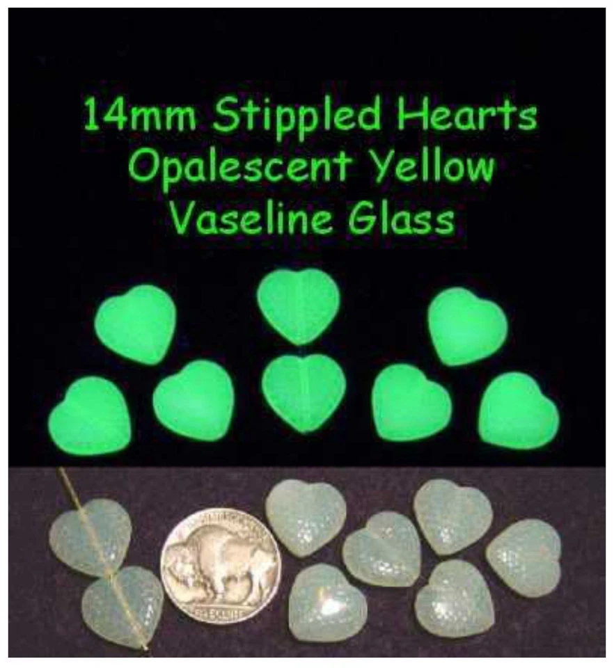 5 PCs - 14mm Hearts Czech OPALESCENT Yellow VASELINE/URANIUM GLASS BEADS