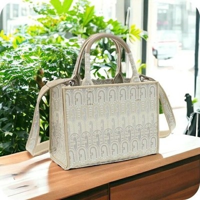 FURLA Beige Beuteltasche Tasche WB00352 Baumwollmischung Ledermischung JPN Ko...