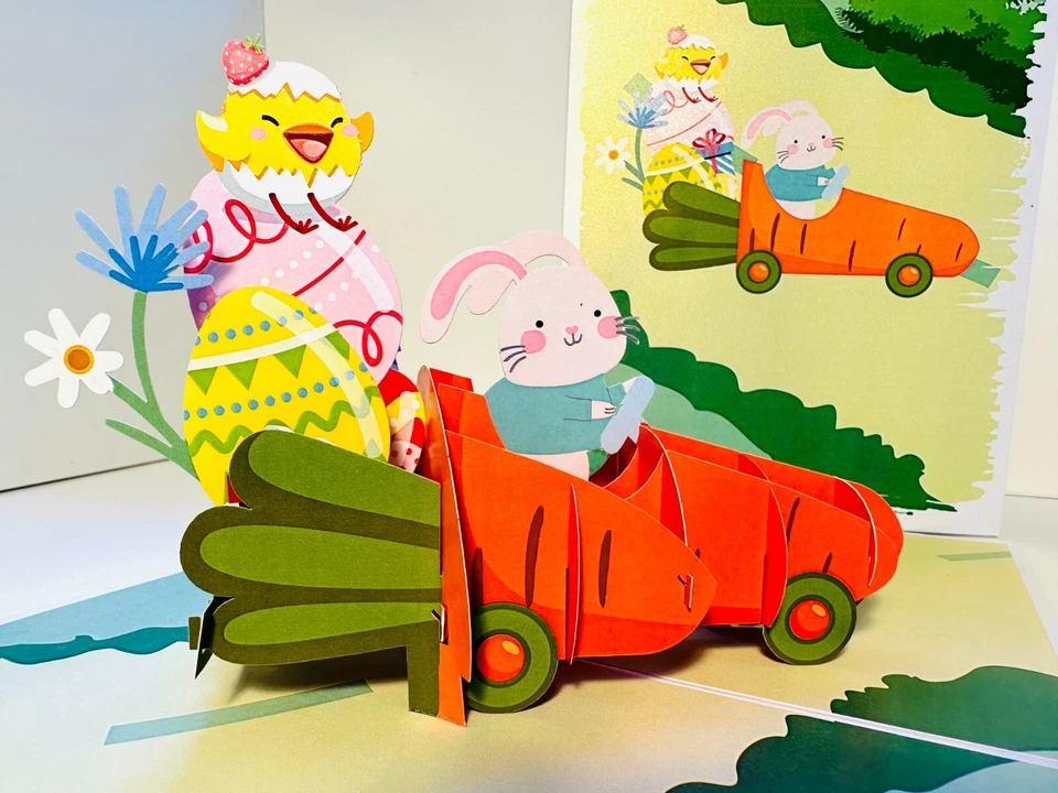 Happy Easter Bunny Rabbit Egg in Carrot Car 3D Pop Up Greeting Card Handmade - Image 4 of 4