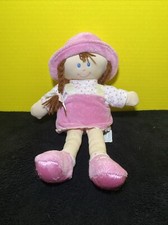 Toys R Us Plush Doll Brown Pigtails Pink Hat Dress Blue Sewn Eyes 13" Soft Lovey