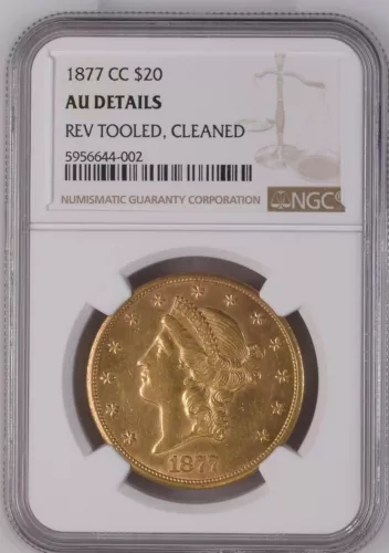 1877 CC $20 Gold Double Eagle AU Details NGC graded
